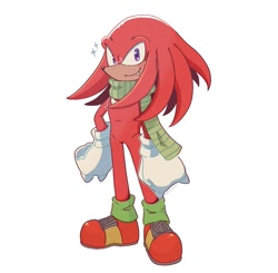 Size: 1169x1147 | Tagged: safe, artist:lukzfyu, knuckles the echidna, 2024, blushing, cute, hand on hip, knucklebetes, looking at viewer, one fang, scarf, simple background, smile, solo, sparkles, standing, white background