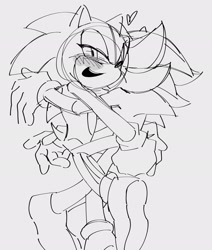 Size: 1738x2048 | Tagged: safe, artist:kou_sonic, shadow the hedgehog, sonic the hedgehog, 2024, blushing, duo, gay, heart, hugging, lidded eyes, line art, looking at viewer, monochrome, mouth open, shadow x sonic, shipping, sketch, smile