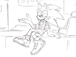 Size: 1024x770 | Tagged: safe, artist:halpdevon, sonic the hedgehog, 2020, alternate outfit, alternate shoes, alternate universe, apron, au:flower shop, comic, greyscale, monochrome, sitting, solo