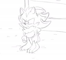 Size: 1541x1415 | Tagged: safe, artist:halpdevon, shadow the hedgehog, 2020, barefoot, cute, frown, greyscale, monochrome, shadowbetes, sketch, solo, standing