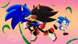 Size: 1440x810 | Tagged: safe, artist:flauretzartz, shadow the hedgehog, sonic the hedgehog, sonic x shadow generations, classic sonic, gay, gradient background, grass, grass blade, holding each other, kiss, looking at them, mid-air, pout, redraw, scene interpretation, self paradox, shadow x sonic, shipping, signature, trio