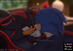 Size: 3000x2100 | Tagged: safe, artist:jocelynminions, shadow the hedgehog, sonic the hedgehog, sonic the hedgehog 3 (film), 2024, abstract background, bed, cute, duo, gay, holding each other, indoors, kiss on cheek, lying down, one eye closed, shadow x sonic, shipping, signature, smile