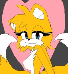 Size: 485x525 | Tagged: safe, artist:sontailss, miles "tails" prower, 2011, abstract background, base used, breasts, eyelashes, featureless breasts, flat colors, gender swap, heart, lidded eyes, looking at viewer, ms paint, smile, solo