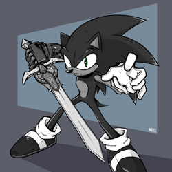 Size: 640x640 | Tagged: safe, artist:nikey, sonic the hedgehog, sonic and the black knight, 2022, abstract background, frown, holding something, looking at viewer, monochrome, reaching towards the viewer, signature, solo, spot color, standing, sword