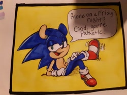 Size: 1024x768 | Tagged: safe, artist:gloomy bloomy, sonic the hedgehog, 2020, alone on a friday night, god you're pathetic, leg up, lidded eyes, looking at viewer, meme, mouth open, redraw, smile, smug, solo, traditional media