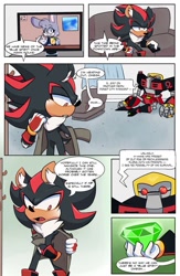 Size: 666x1024 | Tagged: safe, artist:gloomy bloomy, e-123 omega, shadow the hedgehog, comic:!forever blue, 2020, abstract background, chaos emerald, cheek fluff, comic, dialogue, duo, ear fluff, english text, generic mobian, holding something, indoors, news, panels, robot, sitting, sofa, speech bubble, tv, walking