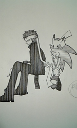 Size: 240x400 | Tagged: safe, artist:34_6, sonic the hedgehog, human, crossover, greyscale, headband, metal gear, monochrome, pencilwork, pikachu, pokemon, solid snake, traditional media, trio