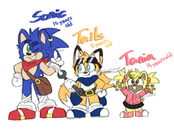 Size: 812x600 | Tagged: safe, artist:galaxysodapop, miles "tails" prower, sonic the hedgehog, tania the hedgehog, 2023, alternate universe, au:sonic genesis, bag, bandana, belt, blue shoes, character name, cute, ear fluff, ear piercing, earring, goggles, holding something, mouth open, one fang, pawpads, paws, pointing, simple background, smile, sonabetes, tailabetes, taniabetes, trio, white background, wrench