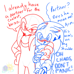 Size: 768x768 | Tagged: safe, artist:animesonic2, knuckles the echidna, sonic the hedgehog, 2020, arm around shoulders, blushing, blushing ears, dialogue, duo, english text, gay, gay panic, heart, knuxonic, line art, monochrome, mouth open, shipping, signature, simple background, speech bubble, standing, thought bubble, white background