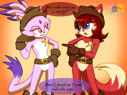 Size: 1024x768 | Tagged: safe, artist:animesonic2, blaze the cat, fiona fox, 2019, belt, boots, brown gloves, dialogue, duo, english text, gloves, gradient background, hat, lidded eyes, looking at each other, mouth open, pointing, sheriff star, smile, standing