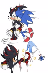 Size: 1346x2048 | Tagged: safe, artist:lynaems, shadow the hedgehog, sonic the hedgehog, 2024, blushing, cross popping vein, dialogue, duo, english text, exclamation mark, flat colors, gay, hugging, hugging from behind, kicking, lidded eyes, ring, shadow x sonic, shipping, shrunken pupils, simple background, smile, speech bubble, standing, surprise hug, surprised, this didn't end well, white background