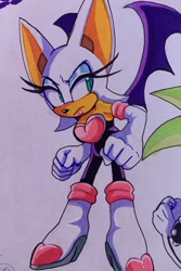 Size: 1366x2048 | Tagged: safe, artist:jaslenebella0, rouge the bat, 2024, frown, looking offscreen, solo, standing, traditional media