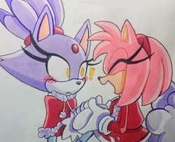 Size: 2016x1640 | Tagged: safe, artist:jaslenebella0, amy rose, blaze the cat, 2024, amy x blaze, blushing, christmas, christmas outfit, duo, exclamation mark, eyes closed, frown, holding hands, lesbian, looking at them, shipping, smile, standing, traditional media