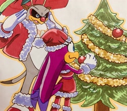 Size: 2048x1806 | Tagged: safe, artist:jaslenebella0, storm the albatross, wave the swallow, christmas, christmas outfit, christmas tree, duo, outline, smile, standing, traditional media, tree