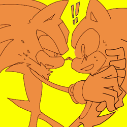 Size: 400x400 | Tagged: safe, artist:34_6, shadow the hedgehog, sonic the hedgehog, duo, lidded eyes, looking at each other, monochrome, simple background, yellow background