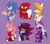 Size: 2048x1792 | Tagged: safe, artist:honestlynotgonnalie, amy rose, knuckles the echidna, miles "tails" prower, rouge the bat, shadow the hedgehog, sonic the hedgehog, comic:now what?, 2024, chipped ear, fingerless gloves, frown, group, hand on hip, lidded eyes, looking at viewer, looking offscreen, obtrusive watermark, purple background, redesign, signature, simple background, smile, standing, sweatdrop, thumbs up, watermark