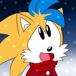 Size: 2017x2014 | Tagged: safe, artist:shadely_boom, oc, oc:tanic the hedgehog-fox, sonic mania adventures, 2024, abstract background, coat, fankid, looking offscreen, looking up, magical gay spawn, mouth open, oc only, parent:sonic, parent:tails, parents:sontails, smile, snow, snowing, solo, standing