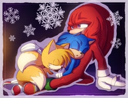 Size: 2048x1562 | Tagged: safe, artist:rero_nn, knuckles the echidna, miles "tails" prower, sonic the hedgehog, sonic the hedgehog 3 (film), 2024, abstract background, cuddling, eyes closed, looking offscreen, outline, sitting, snowflake, team sonic, trio