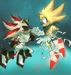 Size: 1856x1954 | Tagged: safe, artist:halpdevon, shadow the hedgehog, sonic the hedgehog, super shadow, super sonic, 2019, duo, holding hands, signature, sonic boom (tv), super form