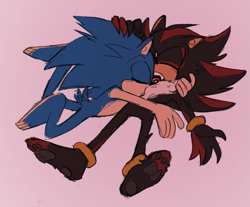 Size: 1357x1123 | Tagged: safe, artist:halpdevon, shadow the hedgehog, sonic the hedgehog, 2019, barefoot, duo, eyes closed, gay, lying down, lying on them, pawpads, pink background, shadow x sonic, shipping, simple background, sleeping