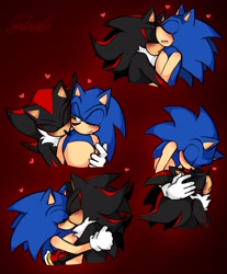 Size: 1693x2048 | Tagged: safe, artist:shadowied_, shadow the hedgehog, sonic the hedgehog, 2024, blushing, duo, eyes closed, gay, gradient background, heart, kiss, kiss on cheek, kiss on head, kissing neck, lidded eyes, one eye closed, shadow x sonic, shipping, signature