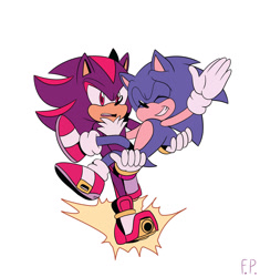 Size: 1482x1575 | Tagged: safe, artist:phoenixfennec, shadow the hedgehog, sonic the hedgehog, 2024, carrying them, duo, gay, redraw, shadow x sonic, shipping, signature, simple background, skating, smile, white background