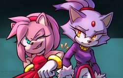 Size: 1400x897 | Tagged: safe, artist:skoda_mas, amy rose, blaze the cat, 2024, abstract background, amy x blaze, duo, lesbian, lidded eyes, redraw, shipping, smile, wink