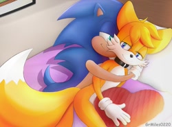 Size: 1189x879 | Tagged: safe, artist:grmiles0220, miles "tails" prower, sonic the hedgehog, 2020, abstract background, bed, collar, duo, gay, indoors, lying down, lying on side, shipping, smile, sonic x tails