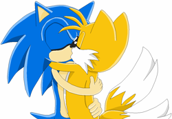 Size: 1036x717 | Tagged: safe, artist:theredtail, miles "tails" prower, sonic the hedgehog, 2009, duo, gay, gloves off, holding each other, kiss, shipping, simple background, sonic x tails, standing, white background