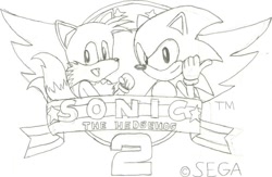 Size: 960x624 | Tagged: safe, artist:artisticbulbmin, miles "tails" prower, sonic the hedgehog, sonic the hedgehog 2, 2014, classic sonic, classic tails, duo, line art, looking at viewer, redraw, sega logo, smile, title screen