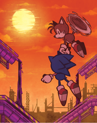 Size: 962x1225 | Tagged: safe, artist:jnwiedle, miles "tails" prower, sonic the hedgehog, oil ocean zone, sonic the hedgehog 2, abstract background, carrying them, clouds, duo, flying, holding hands, spinning tails, sun