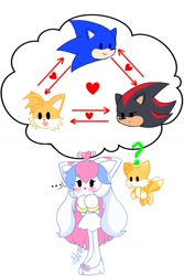 Size: 791x1182 | Tagged: safe, artist:nekitogame67025, miles "tails" prower, shadow the hedgehog, sonic the hedgehog, oc, chao, ..., 2024, character chao, cute, heart, love triangle, question mark, shadow x sonic, shadow x tails, shipping, simple background, solo, sonic x tails, standing, tails chao, thought bubble, unknown oc, white background