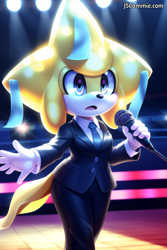 Size: 512x768 | Tagged: safe, ai art, abstract background, crossover, genderless, holding something, jirachi, looking ahead, microphone, mobianified, mouth open, pokemon, prompter:autistictechie, singing, solo, stage, stage light, suit, tie