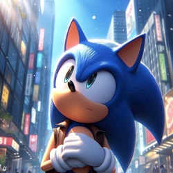 Size: 1024x1024 | Tagged: safe, ai art, sonic the hedgehog, hedgehog, 2024, 3d, abstract background, alternate eye color, blue eyes, city, daytime, frown, hands together, jacket, looking up, male, outdoors, prompter:speed sonic star, solo