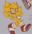 Size: 1346x1390 | Tagged: safe, artist:proj-sh4dow, sonic the hedgehog, hedgehog, 2024, blushing, fleetway, fleetway super sonic, grey background, hand behind head, holding something, lidded eyes, male, sharp teeth, simple background, smile, solo, solo male, super form, teacup, top surgery scars, trans male, transgender