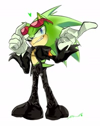 Size: 1600x2024 | Tagged: safe, artist:wifiwhere, scourge the hedgehog, hedgehog, 2024, heart, looking offscreen, male, pointing, signature, simple background, smile, solo, solo male, standing, white background