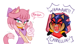 Size: 1164x687 | Tagged: safe, artist:emthimofnight, oc, oc:camellia the cat, oc:stellar the hedgehog, cat, hedgehog, blushing, camilla x stellar, dialogue, duo, english text, flustered, heart tongue, lesbian, magical gay spawn, magical lesbian spawn, oc x oc, parent:amy, parent:blaze, parent:shadow, parent:sonic, parents:blazamy, parents:sonadow, shipping, simple background, twirling hair, white background