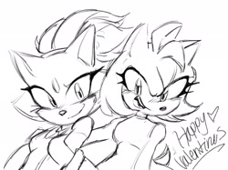 Size: 2048x1535 | Tagged: safe, artist:lumijulie, amy rose, blaze the cat, cat, hedgehog, 2024, amy x blaze, amy's halterneck dress, blaze's tailcoat, cute, female, females only, lesbian, line art, looking at viewer, shipping, sketch, valentine's day