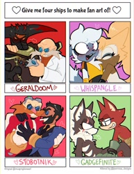 Size: 927x1200 | Tagged: safe, artist:cakebird-art, agent stone, black doom, gadget the wolf, gerald robotnik, infinite the jackal, robotnik, tangle the lemur, whisper the wolf, 2024, black doom x gerald, english text, four fanarts, gay, heart, holding each other, lesbian, rookinite, shipping, stobotnik, tangle x whisper