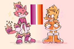 Size: 900x600 | Tagged: safe, artist:bl00doodle, amy rose, blaze the cat, burning blaze, cat, hedgehog, 2021, amy x blaze, amy's halterneck dress, blaze's tailcoat, cute, female, females only, lesbian, lesbian pride, looking at them, pride, shipping, super amy, super form