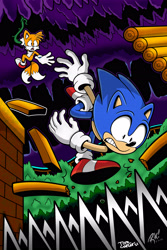 Size: 1920x2880 | Tagged: safe, artist:tom carter, miles "tails" prower, sonic the hedgehog, sonic the hedgehog 2, 2020, abstract background, bridge, duo, falling, mystic cave zone, shrunken pupils, signature, spike, vine