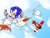 Size: 799x607 | Tagged: safe, artist:retro-eternity, miles "tails" prower, sonic the hedgehog, sky chase zone, sonic the hedgehog 2, 2011, abstract background, badnik, balkiry, clouds, daytime, decapitated head, decapitation, dust clouds, jumping, mid-air, outdoors, robot, tornado i, trio