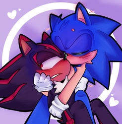 Size: 2012x2048 | Tagged: safe, artist:cheesyxmoon, shadow the hedgehog, sonic the hedgehog, hedgehog, 2024, abstract background, blushing, blushing ears, chu, duo, eyes closed, gay, heart, holding them, kiss on cheek, looking away, male, sfx, shadow x sonic, shipping