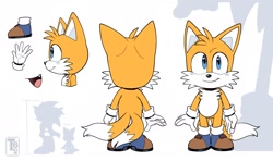 Size: 2048x1211 | Tagged: safe, artist:thatbirdguy_, miles "tails" prower, fox, 2024, alternate shoes, alternate universe, au:tails ratify, male, reference sheet, signature, smile, solo