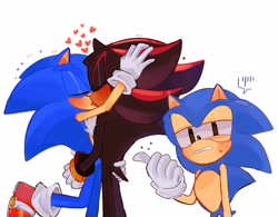 Size: 2048x1594 | Tagged: safe, artist:miko_sonic, shadow the hedgehog, sonic the hedgehog, hedgehog, sonic x shadow generations, 2024, blushing, classic sonic, gay, heart, holding each other, kiss, male, shadow x sonic, shipping, simple background, standing, trio, white background
