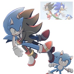 Size: 2000x2000 | Tagged: safe, artist:chilidog_16, shadow the hedgehog, sonic the hedgehog, hedgehog, sonic x shadow generations, 2024, classic sonic, gay, holding them, male, mid-air, reference inset, shadow x sonic, shipping, trio