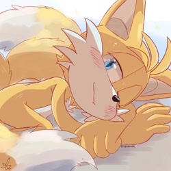 Size: 1000x1000 | Tagged: safe, artist:giaoux, miles "tails" prower, 2024, blushing, gloves off, looking at viewer, lying down, lying on front, one eye closed, signature, smile, solo