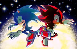 Size: 2048x1318 | Tagged: safe, artist:chaodaycare, shadow the hedgehog, sonic the hedgehog, sonic adventure 2, 2024, abstract background, duo, frown, mid-air, redraw, smile, soap shoes, star (sky)