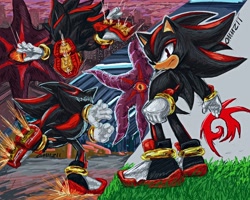 Size: 2048x1638 | Tagged: safe, artist:ommzii, black doom, shadow the hedgehog, hedgehog, abstract background, alien, doom's eye, duo, falling, frown, grass, outline, shadow the hedgehog (video game), shadow's logo, signature, skating, standing