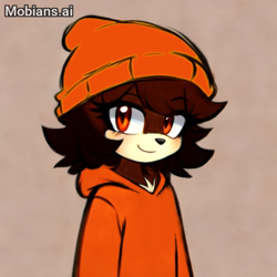 Size: 2048x2048 | Tagged: safe, ai art, artist:mobians.ai, oc, oc:tory fox, fox, 2024, beanie, blushing, brown background, chest fluff, female, hoodie, lesbian, looking at viewer, oc only, prompter:taeko, red eyes, simple background, smile, solo, standing, trans female, transgender